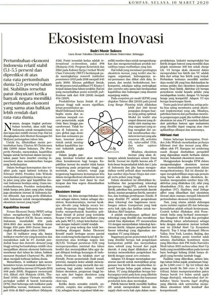 Opini Prof. Badri Munir Sukoco: Ekosistem Inovasi dan Daya Saing Bangsa (Harian Kompas)