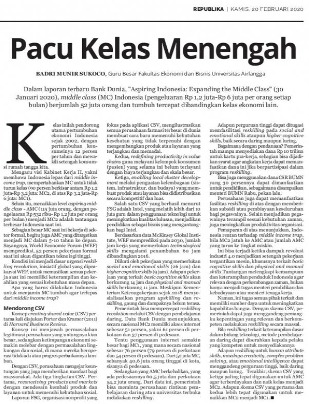 Opini Prof. Badri Munir Sukoco: Menumbuhkan Kelas Menengah (Harian Republika)